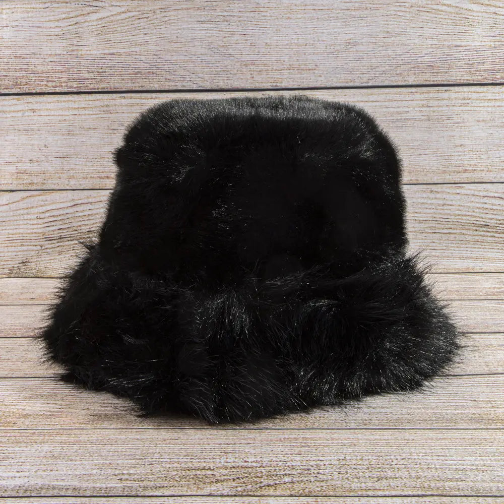 Fluffy Plush Fur Bucket Hat-Black