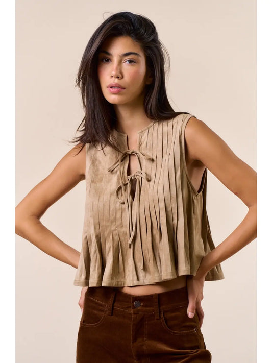 Sleeveless Suede Tie-Front Top