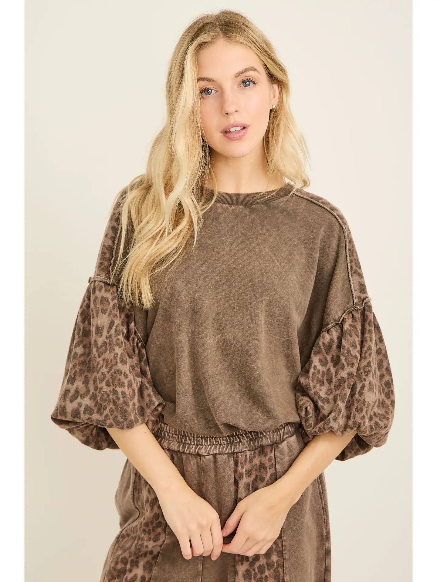 Mineral Washed Cheetah Puff Sleeve Fall Blouse-Ash Oak
