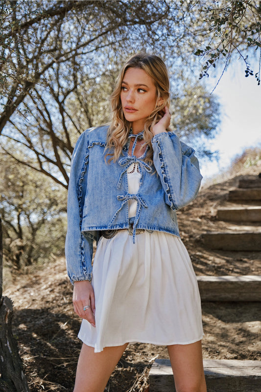 Ruffle Yoke Sleeve Tie Front Denim Jacket