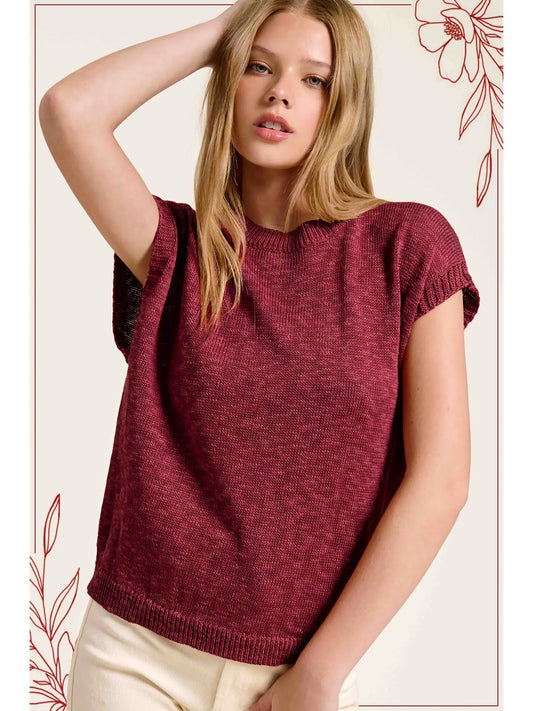 Loose Fit Sleeveless Ribbed Knit Mock Crew Neck Top-Sangria