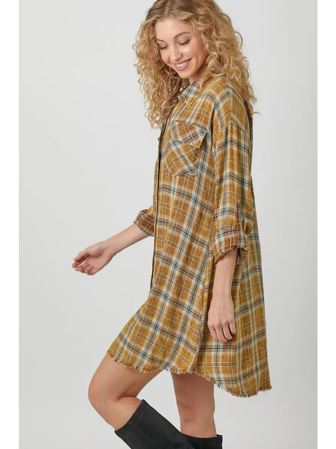 Flannery Washed Plaid Shirt Dress-Toffee