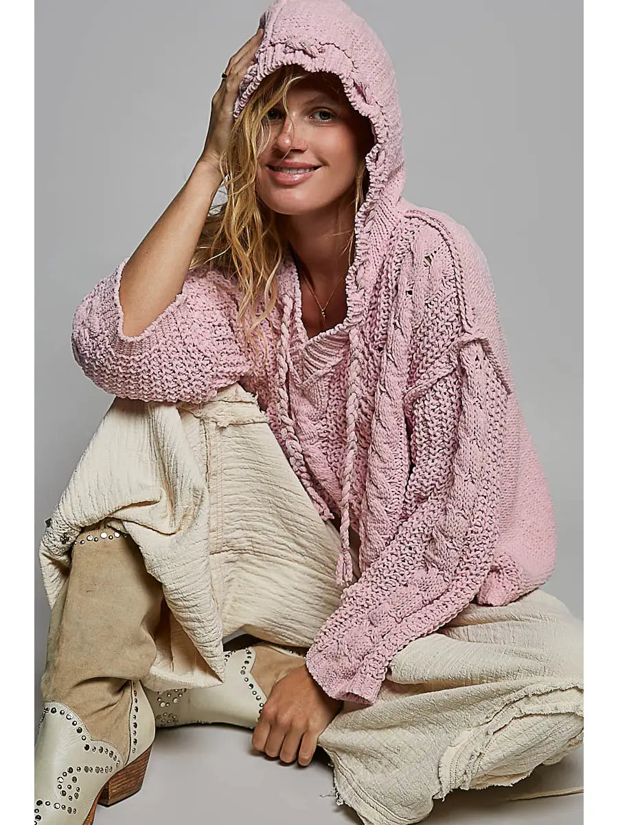 Toni Oversize  Hooded Cable Knit Chenille Sweater-Pale Pink