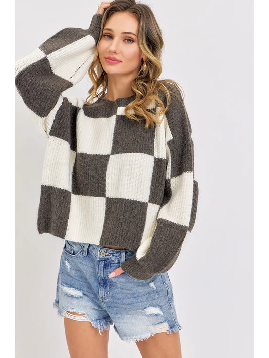 Casual Soft Cozy Relaxed Fit Checker Knit Sweater-Brown/Ivory