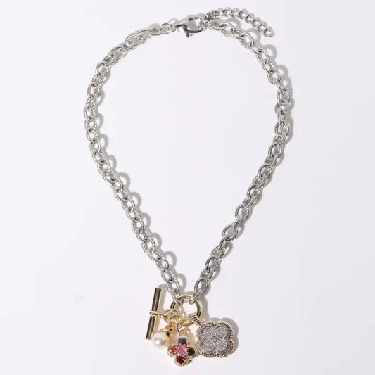 Cz Clover & Pearl Charm Chunky Rope Chain Necklace