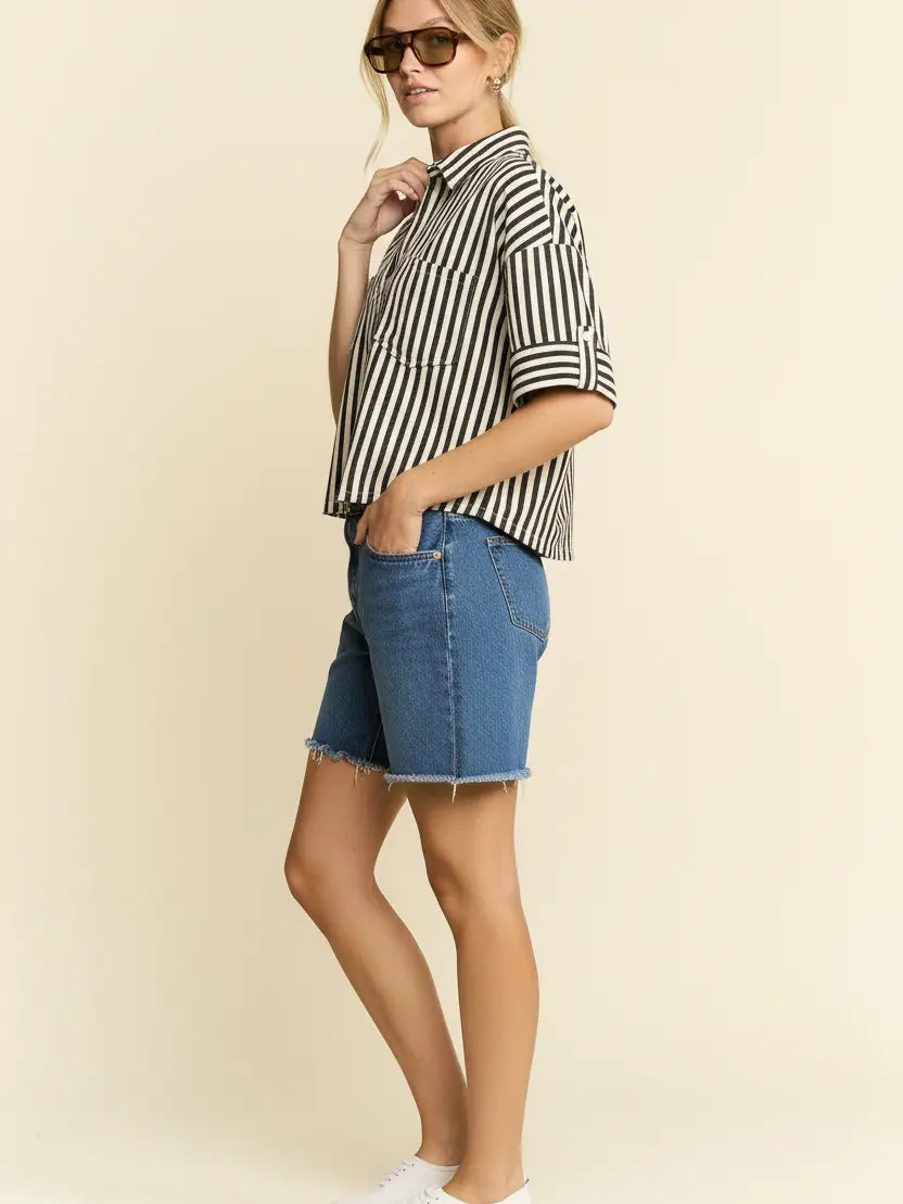 Stripe Collar Short Sleeves Shirt-Cement