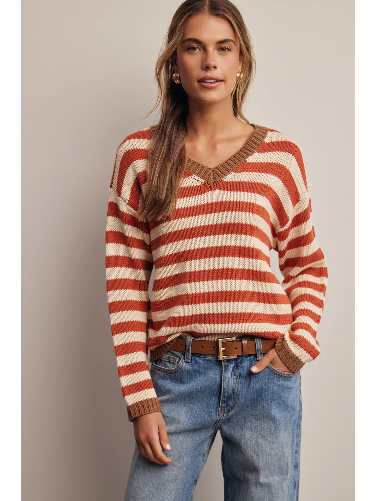 Torrey Contrast Trim Striped V-Neck Sweater-Rust