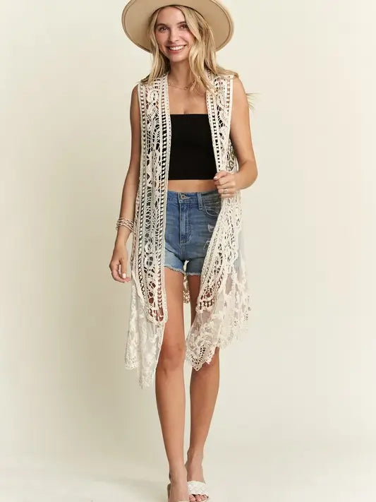 Crochet Sleeveless Cardigan-Beige