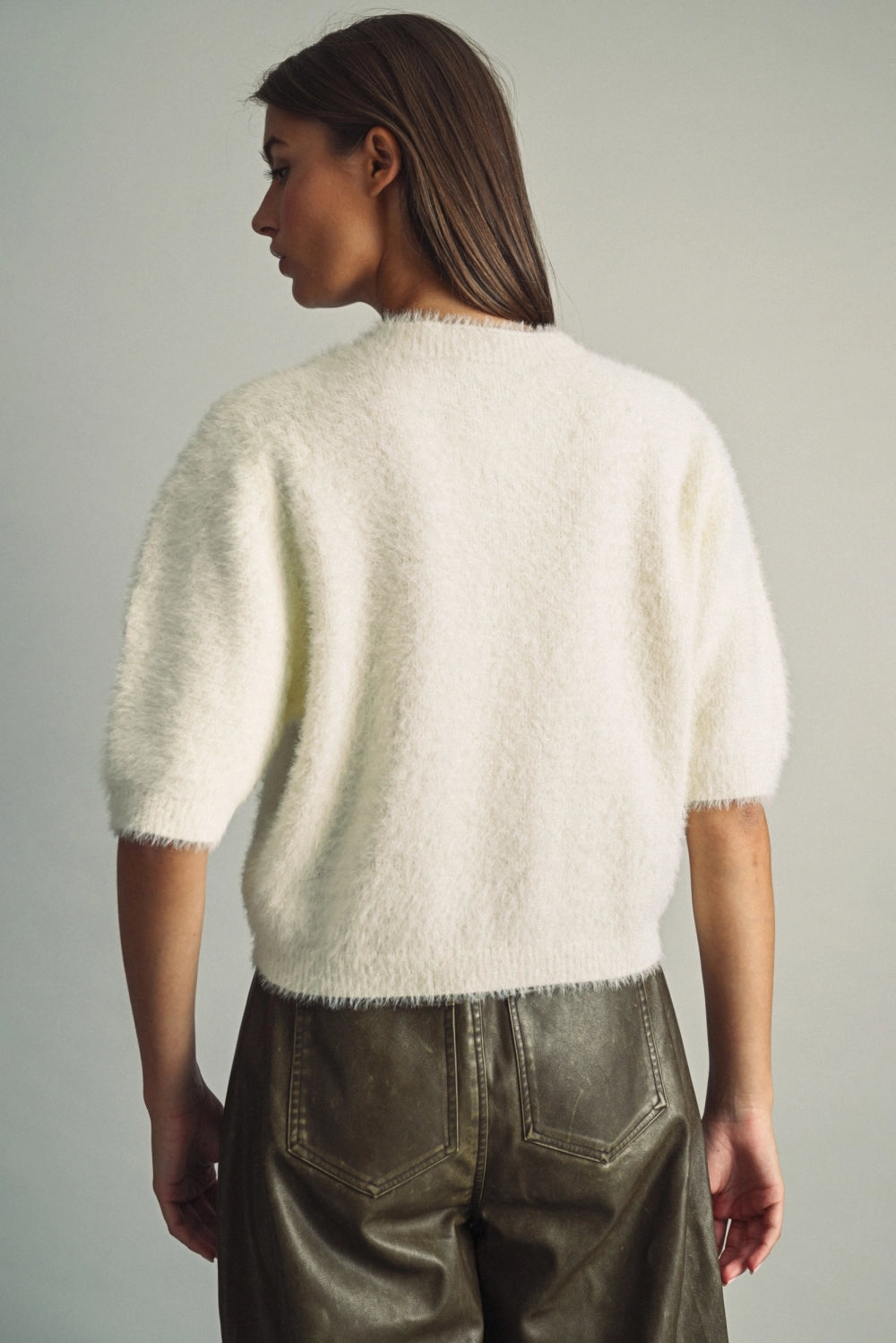Fluffy Cropped Faux-Fur Sweater with Round Neck-Cream