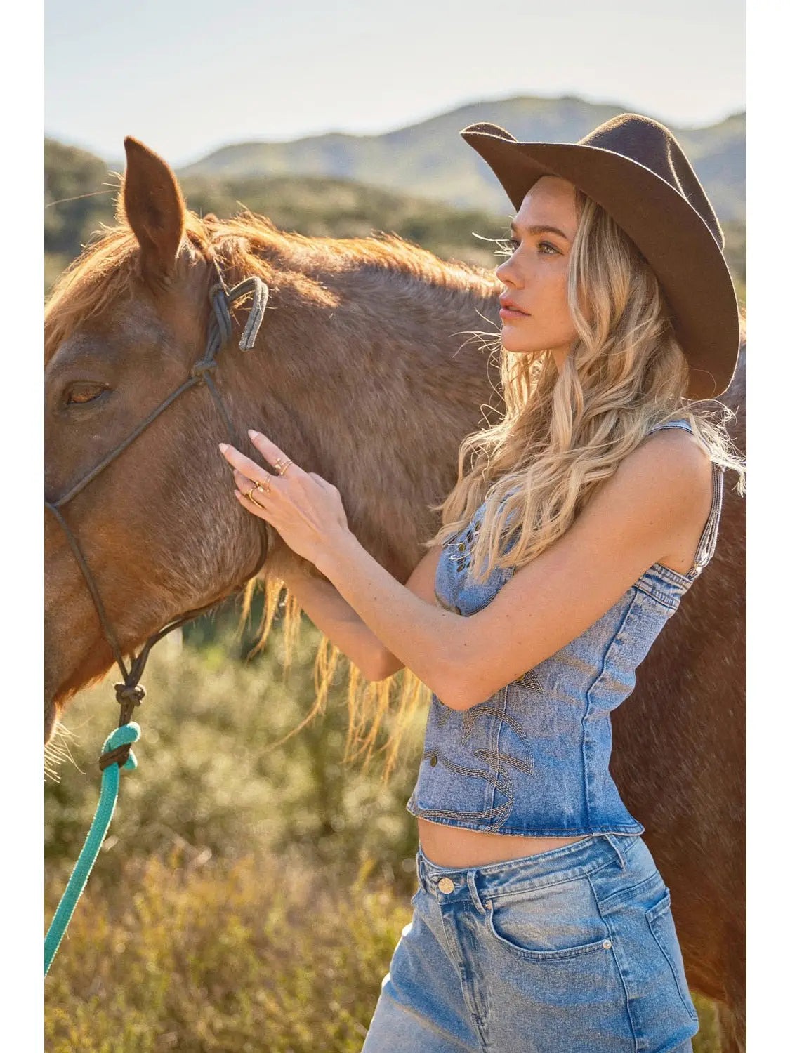 Western Buckle Strap Embroidered Denim Top