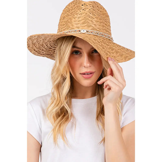Evil Eye Straw Braided Band Summer Straw Sun Hat-Taupe