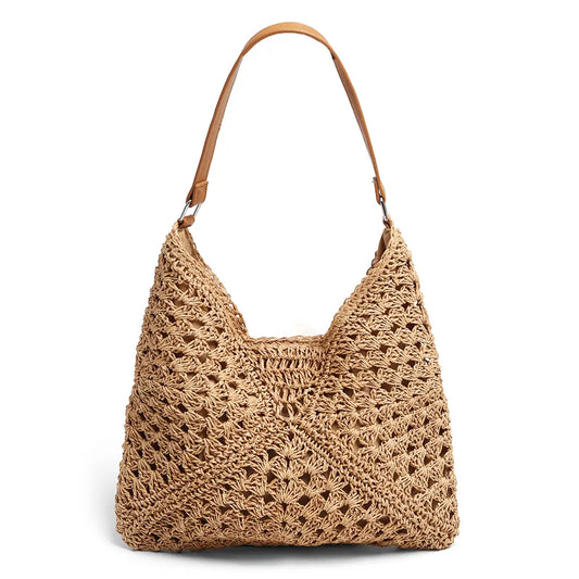 Triangular Pattern Design Straw Shoulder Bag-Khaki