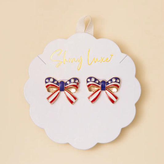USA Flag Themed Enamel Bow Post Earrings with Rhinestone