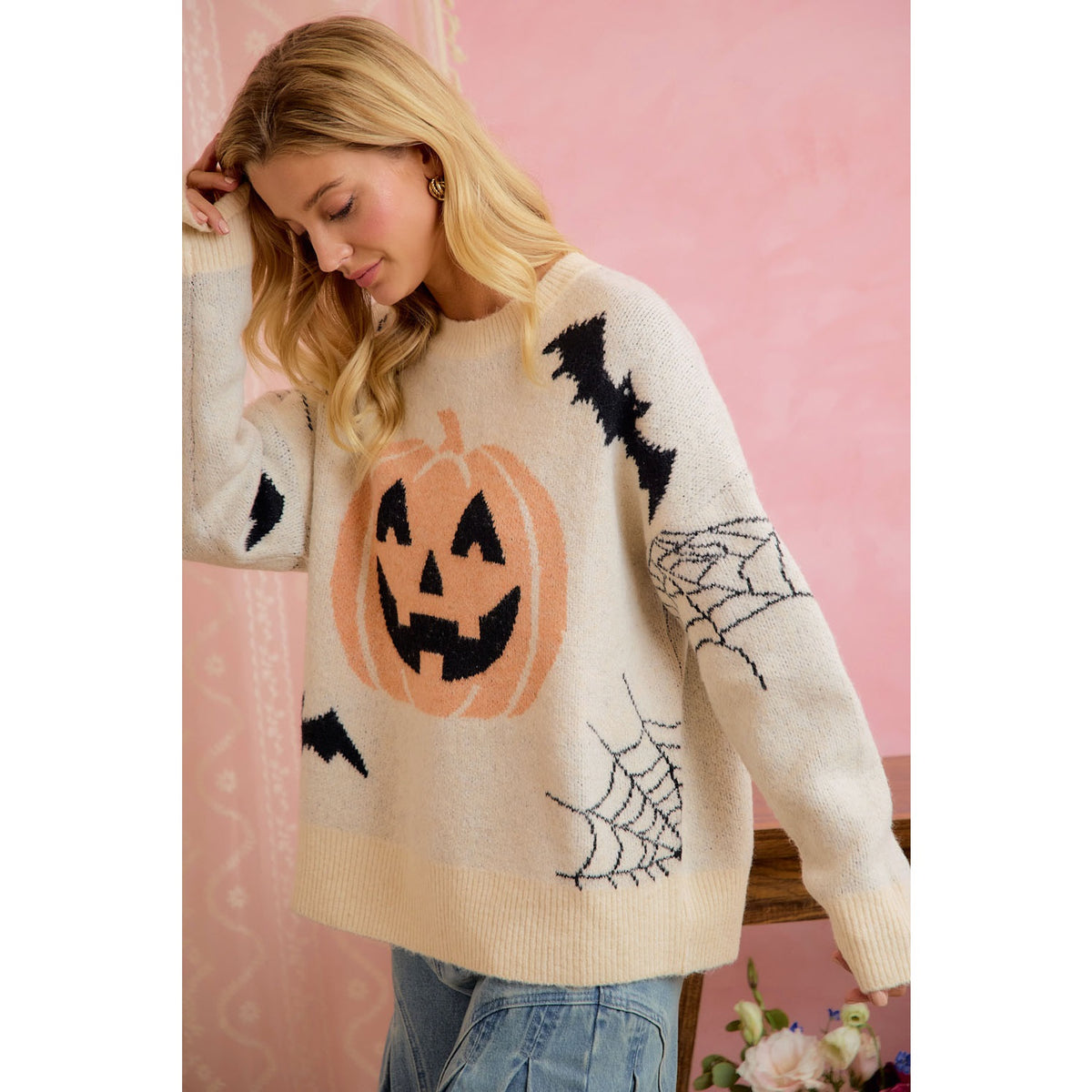 Halloween Pumpkin Bat Cozy Knit Sweater