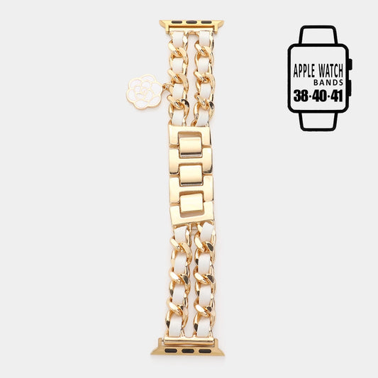Enamel Rose Charm Faux Leather Metal Chain Watch Band-G/W