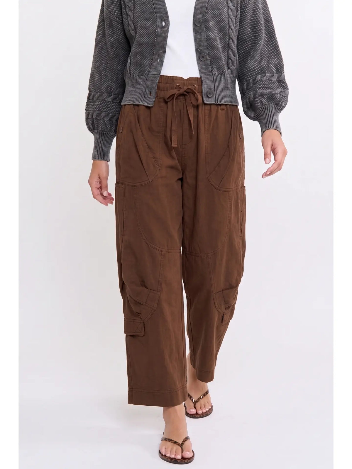 Wide-Leg Cargo Pants with Utility Pockets-Brown