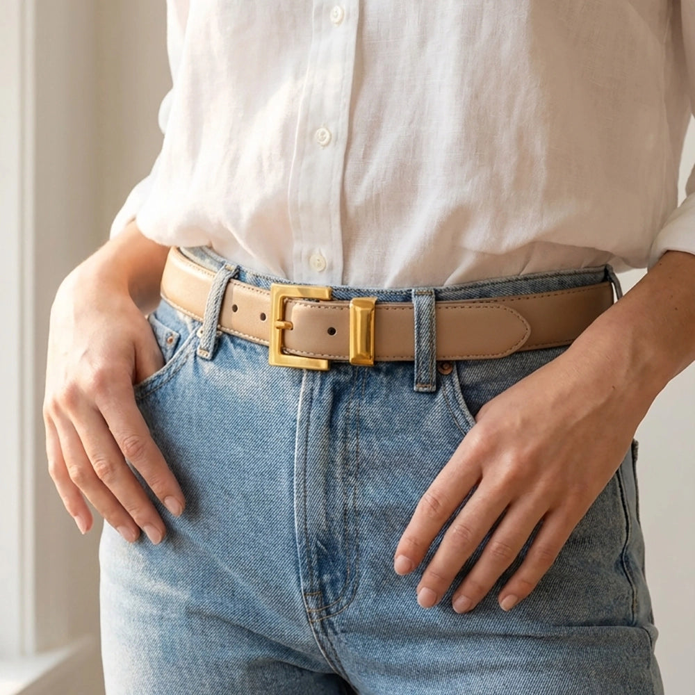 Genuine Leather Square Buckle Belt-Black