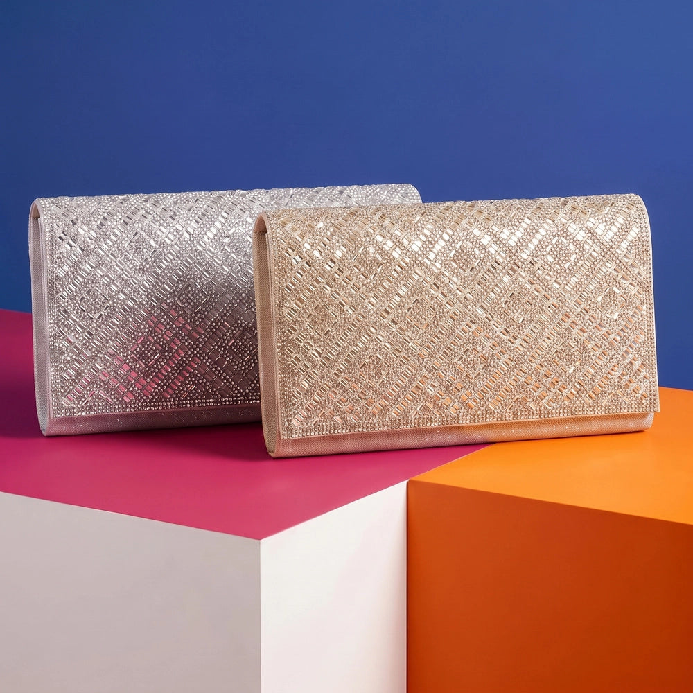 Crystal Diagonal Weave Evening Clutch-Silver
