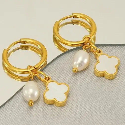 18K Stainless Steel Tarnish Free Waterproof Hoop-Pearl Clover Huggie