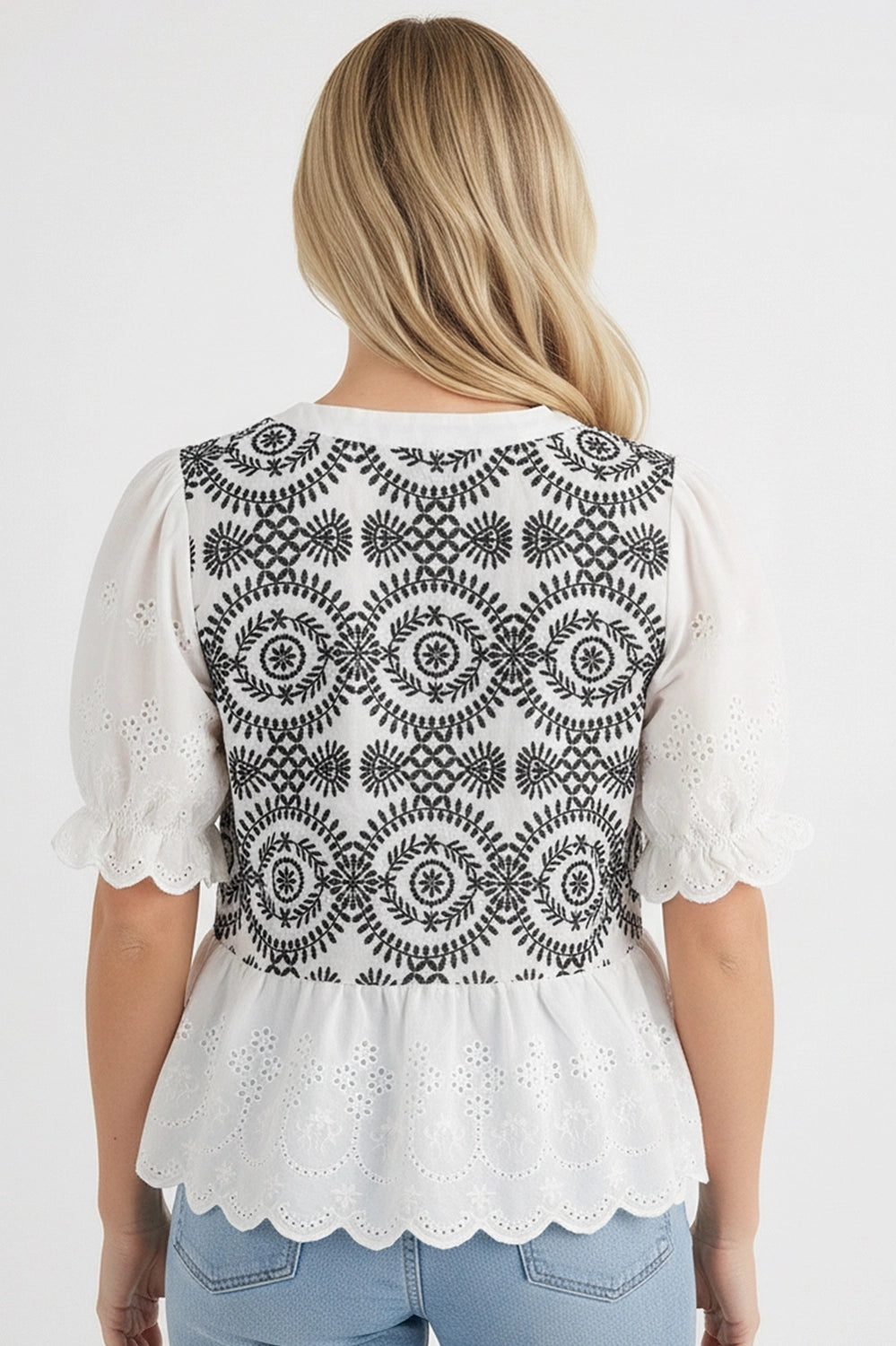 Button Down Eyelet Lace Shirts Blouse-White with Black