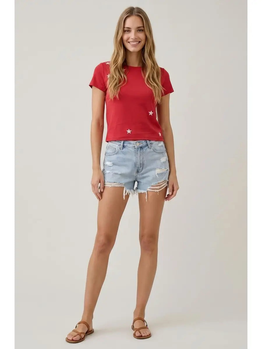 Ribbed T Shirt with Stars  Embroidery-Red