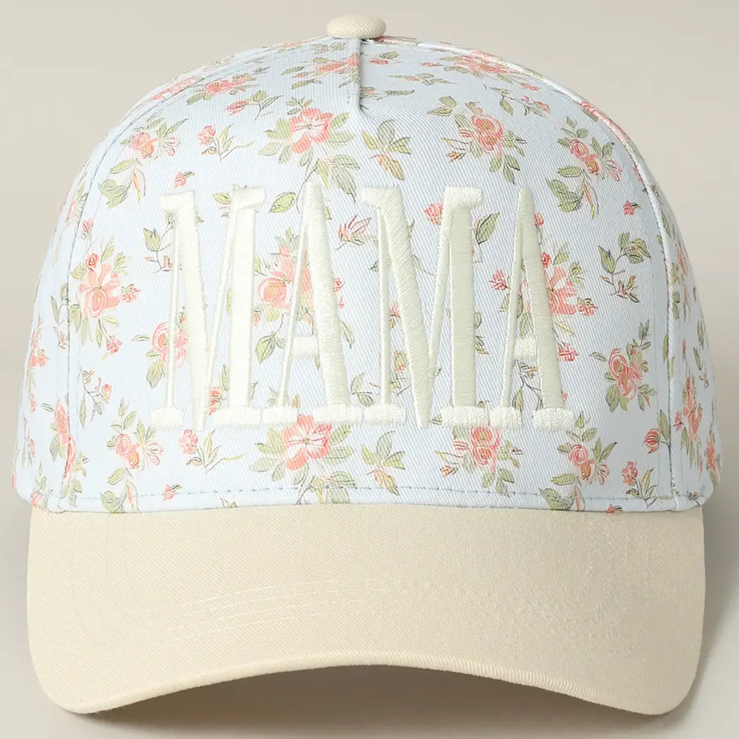 Mama Embroidered Flower Patterntrucker Hat-Blue/Beige