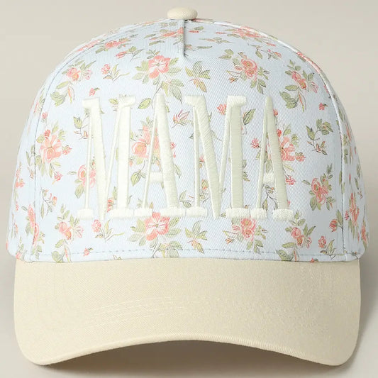 Mama Embroidered Flower Patterntrucker Hat-Blue/Beige
