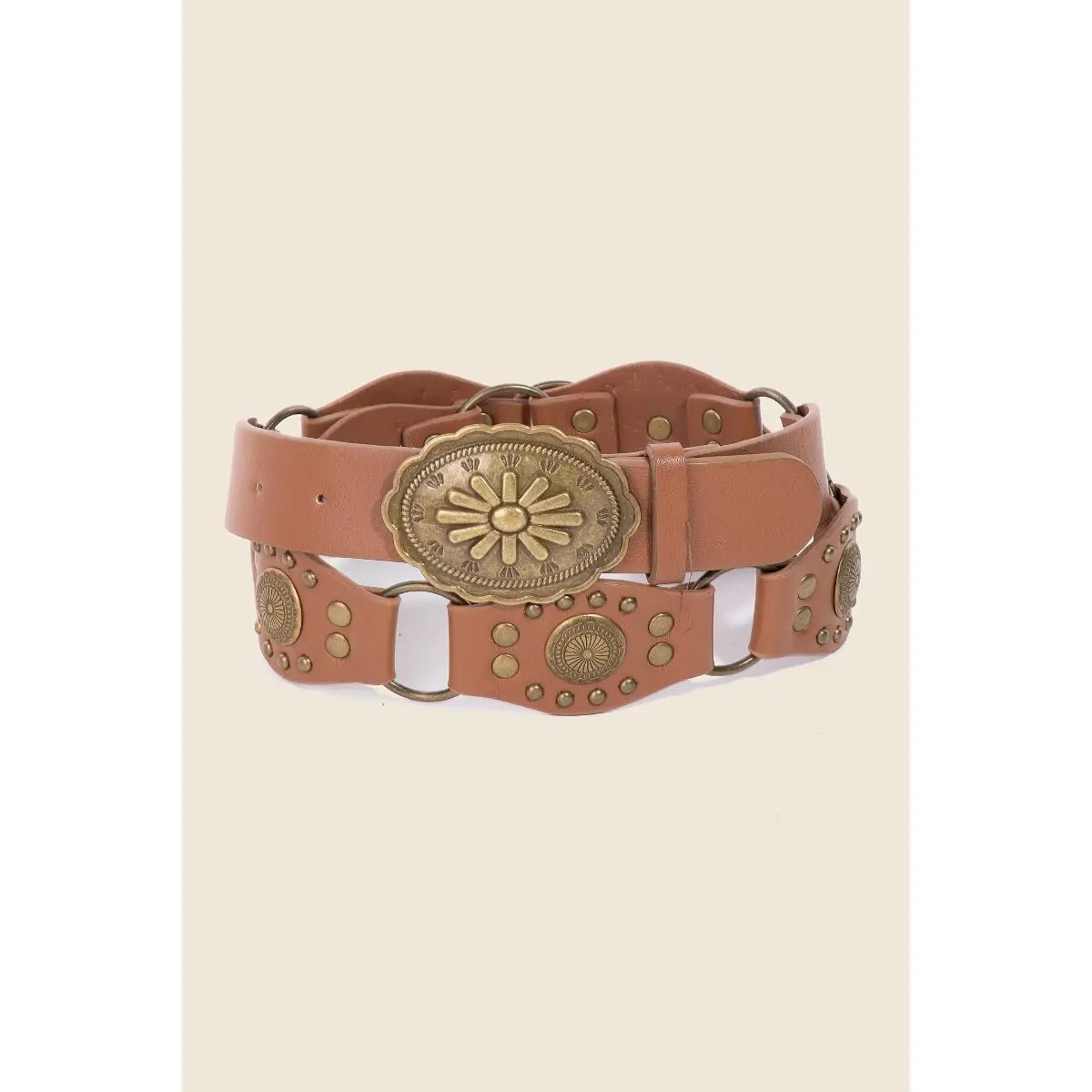 Oval Concho Disc Vegan Leather Link Belt-Brown