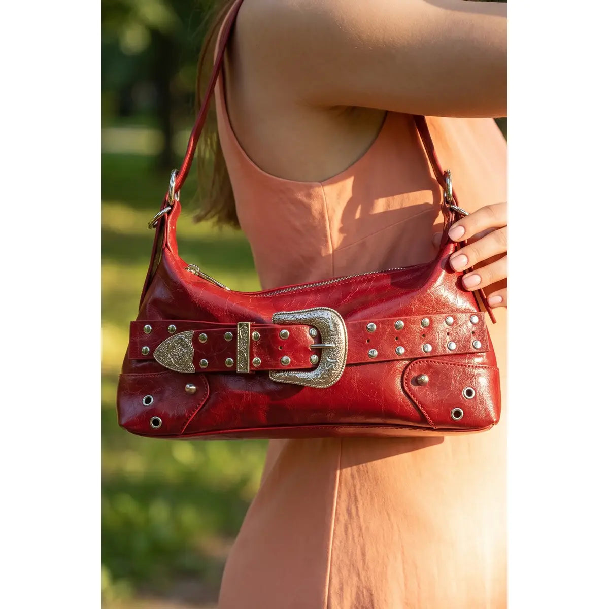 Studded Western Buckle Vegan Leather Shoulder Bag-Red