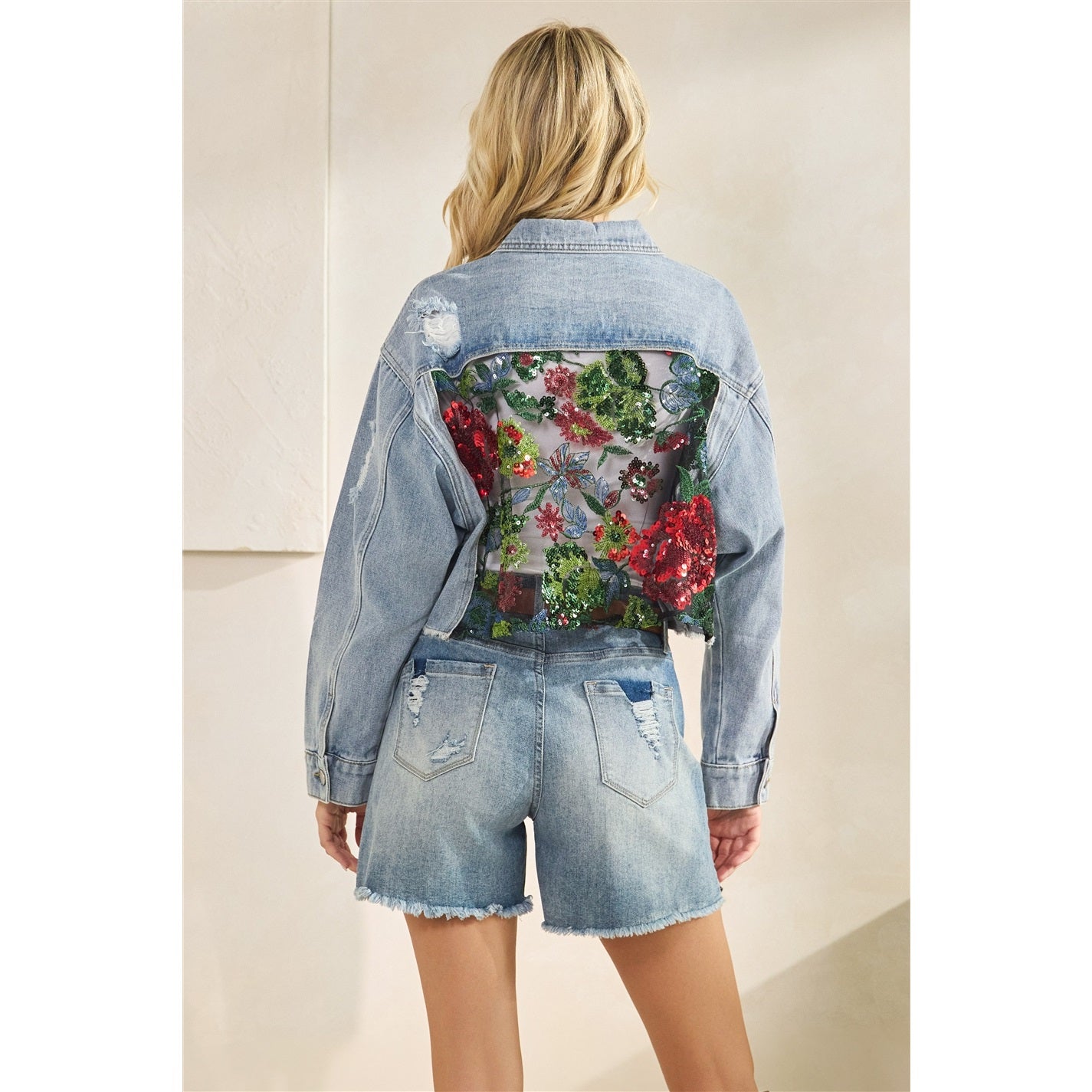 Classic Denim Jacket with Lace Floral Contrast