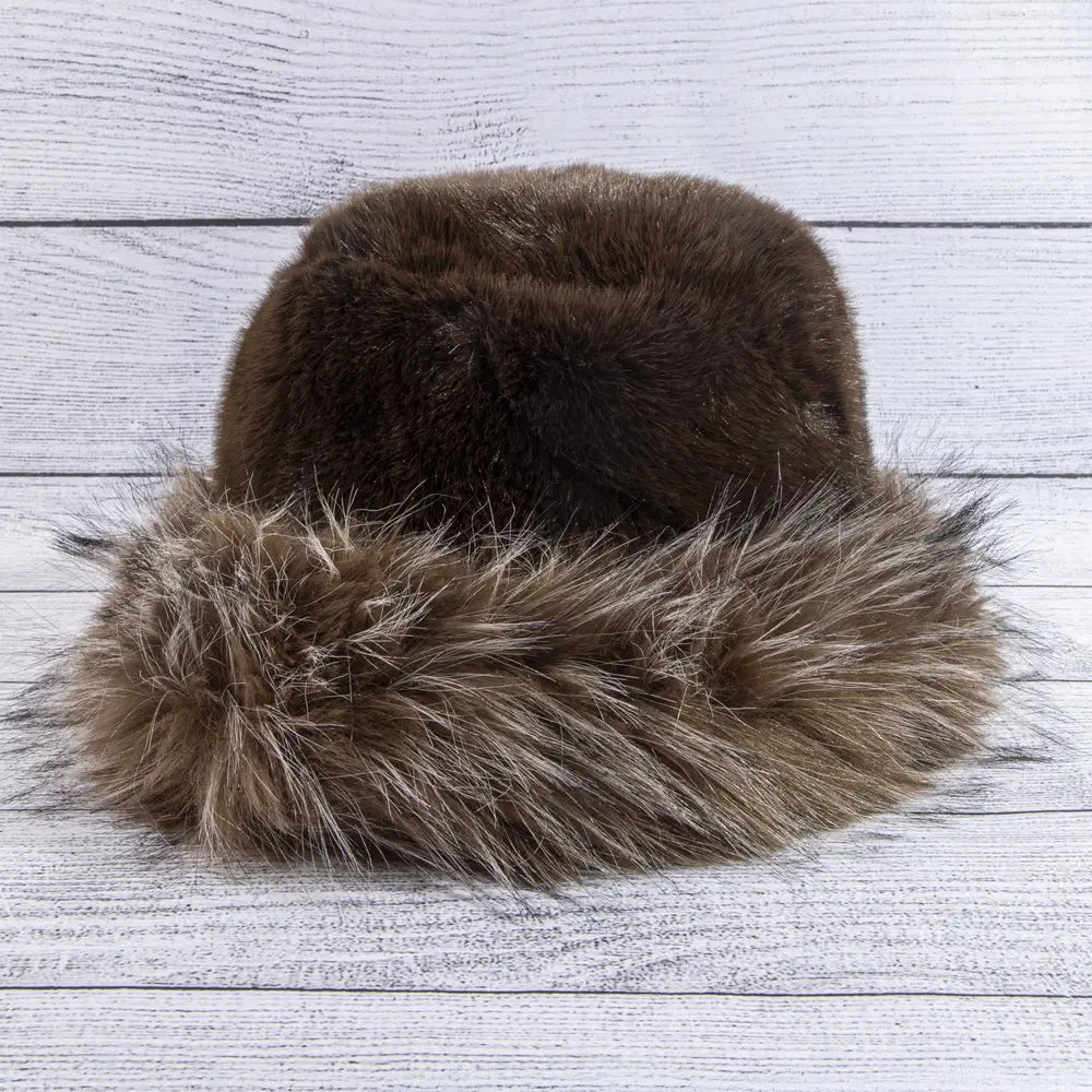 Plush Bucket Hat with Frosted Fur Trim-Coffee