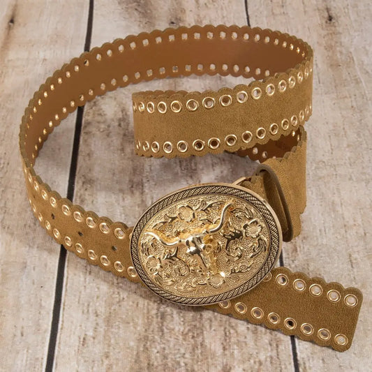 Western Grommet Oval Longhorn Buckle Vegan Leather Belt-Gold/Brown