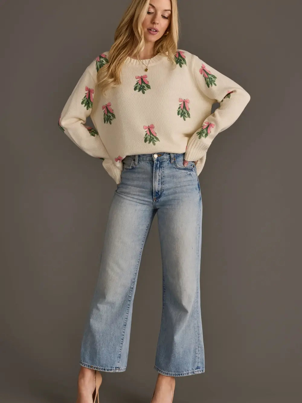 Ivory Tree Sweater with Pink Bows