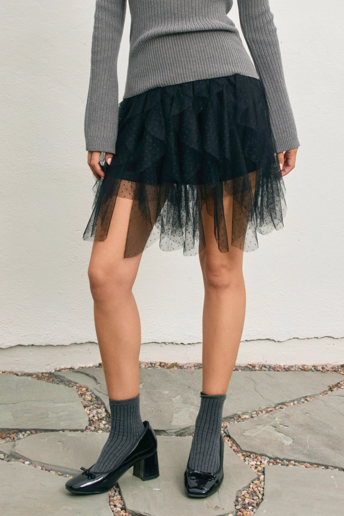 Swiss Dot Ruffled Mesh Mini Slip Skirt-Black
