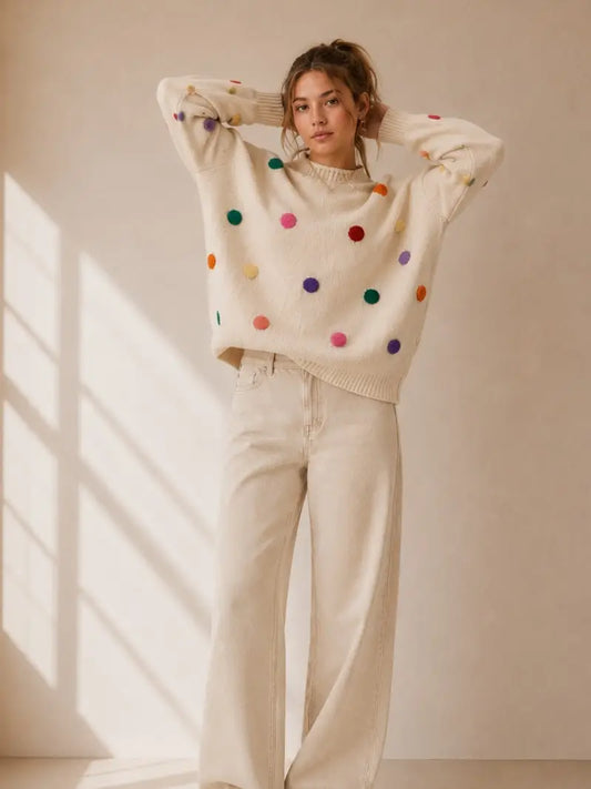 Colorful Pom Pom Knit Sweater