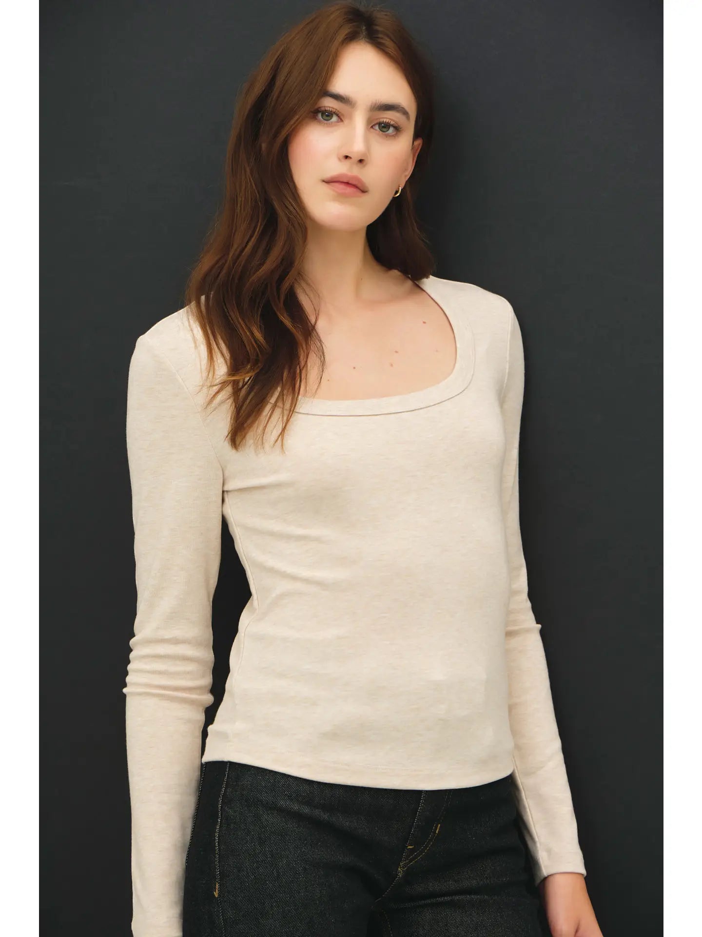 Basic Scoop Neck Long Sleeve Top-Oatmeal