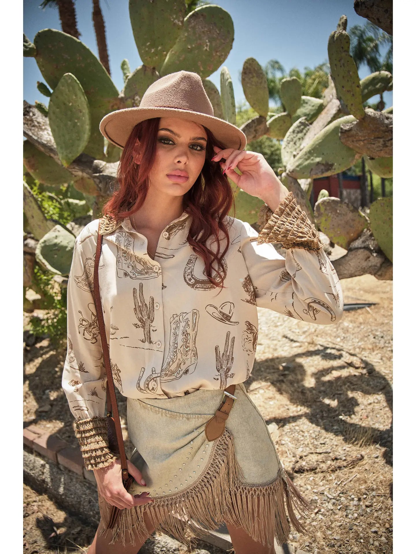 Western Printed Ruffle Cuff Shirt-Taupe