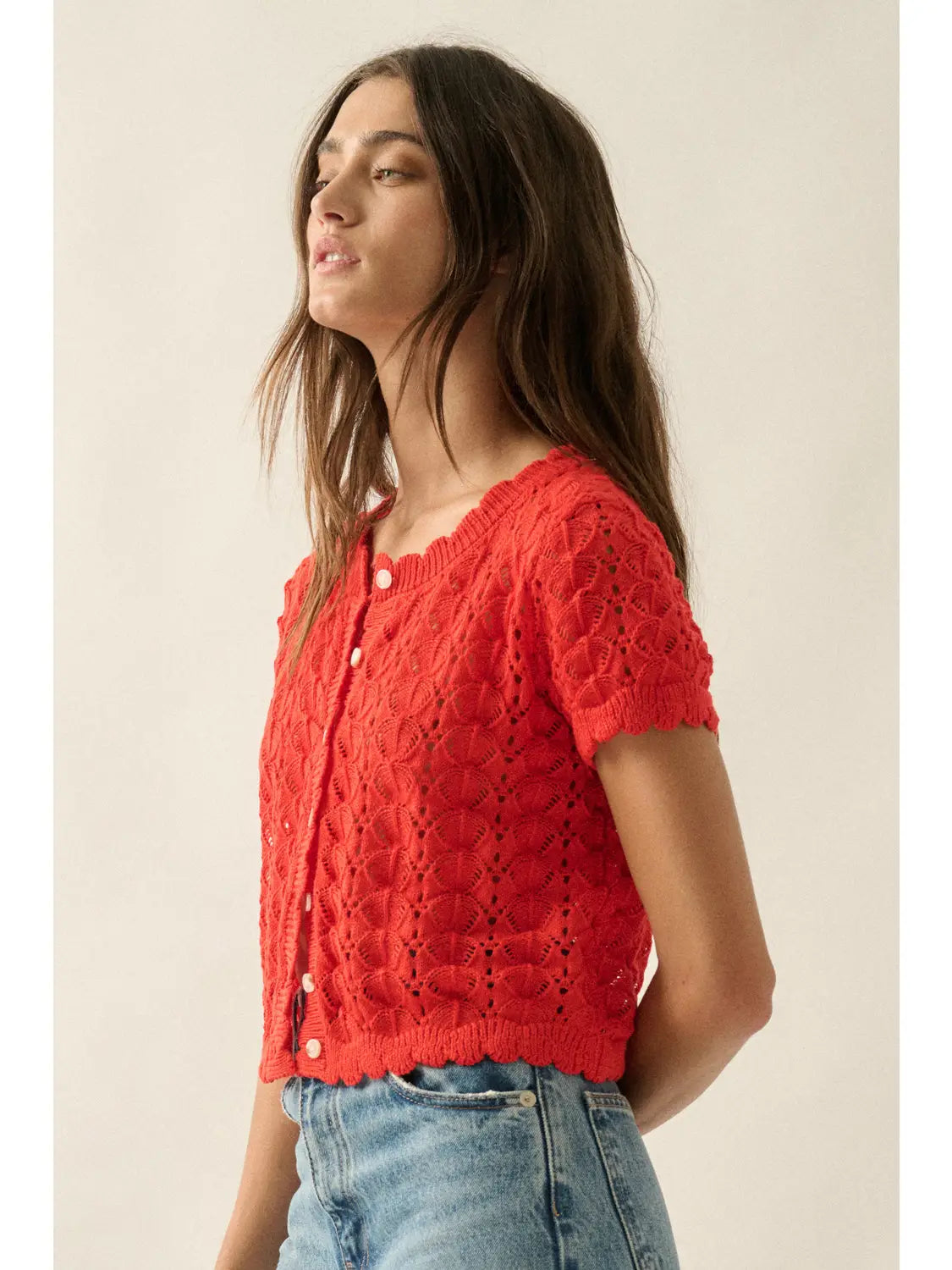Pointelle Crochet-Knit Buttoned Short Sleeve Cardigan Top-Red Orange