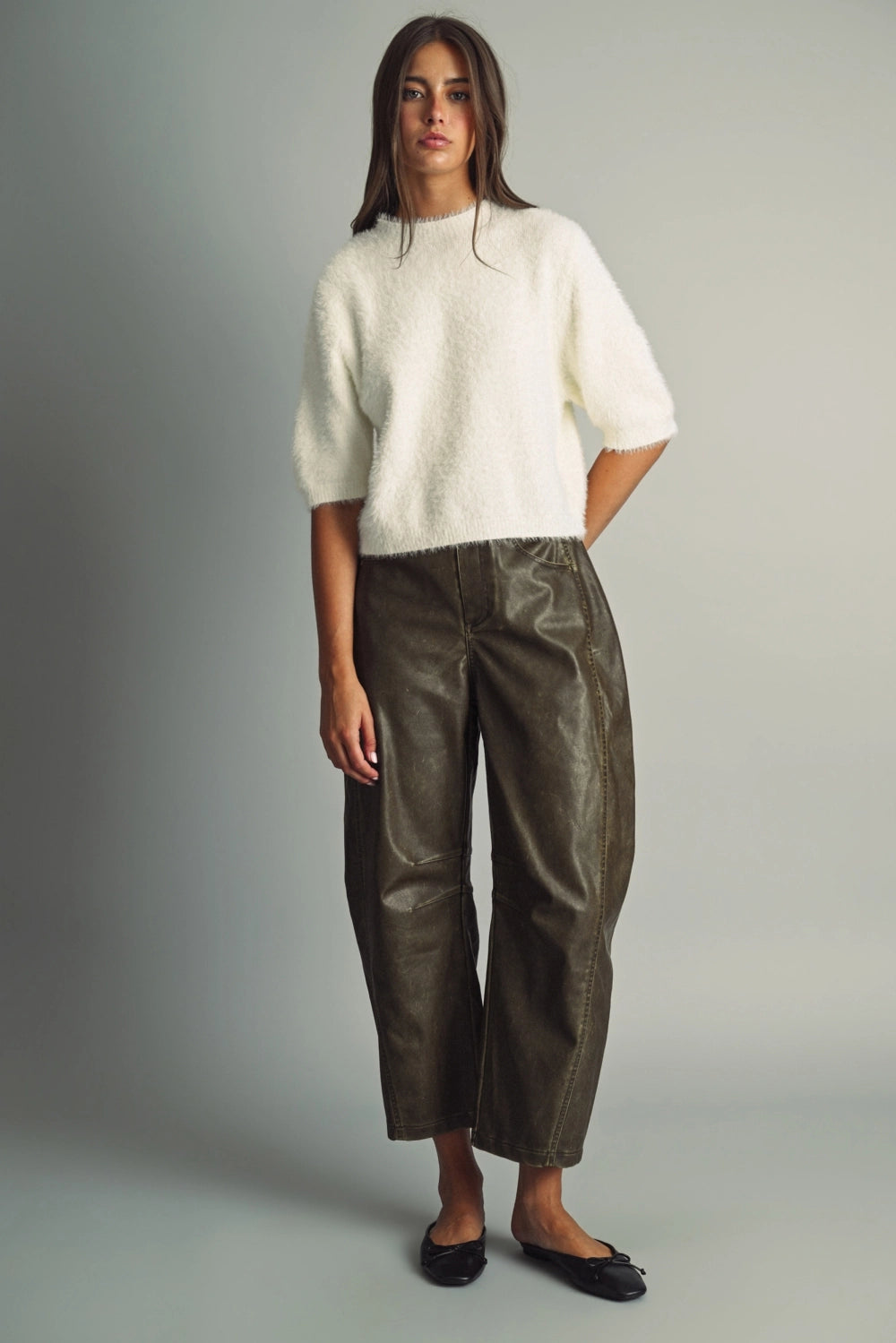 Fluffy Cropped Faux-Fur Sweater with Round Neck-Cream