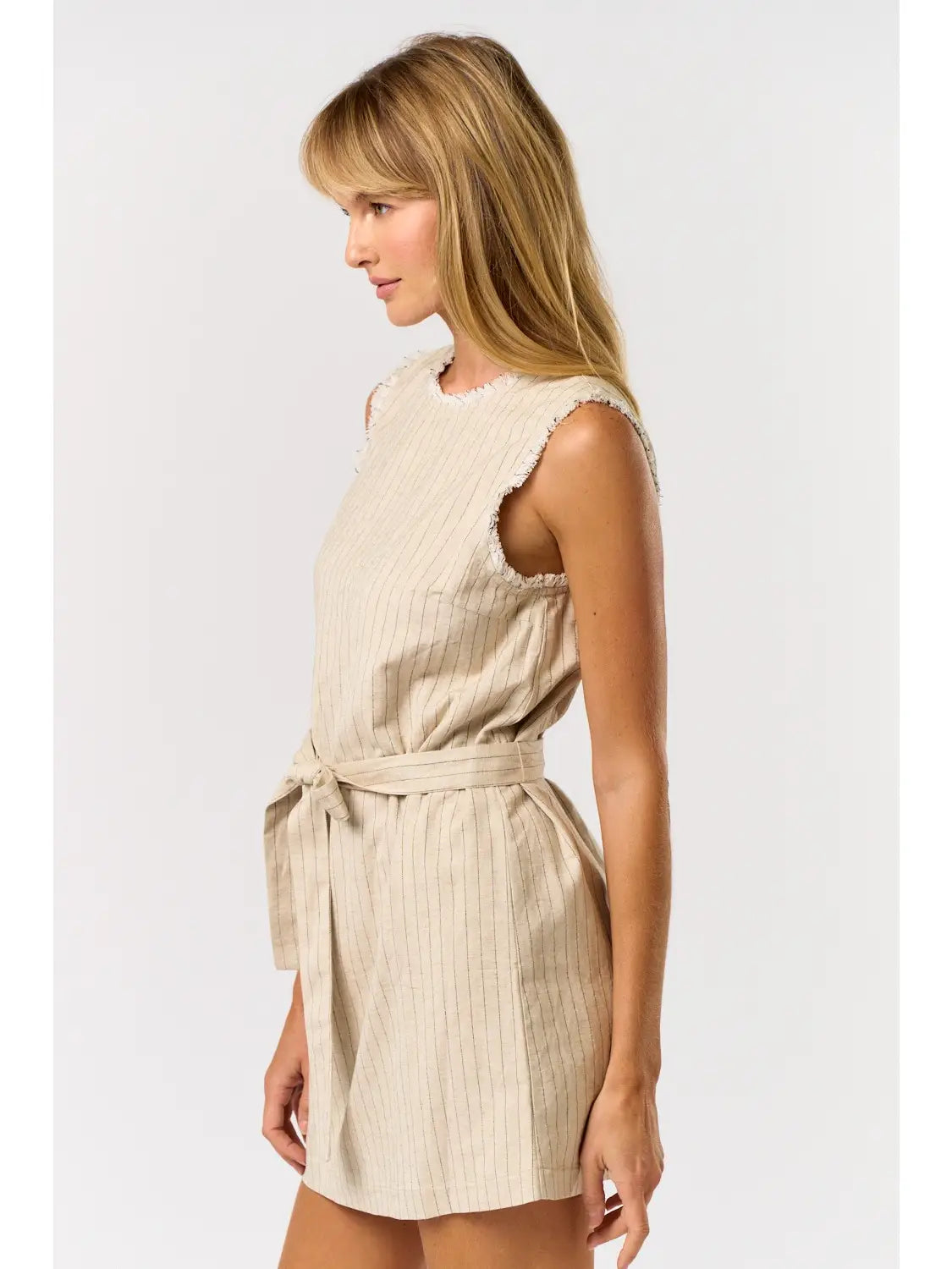 Fringe Hem Mini Dress w/ Waist Tie-Oatmeal/Black