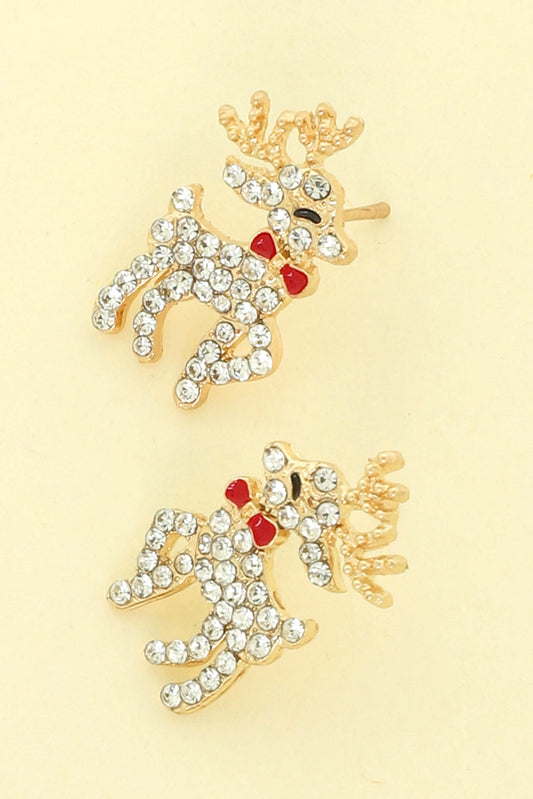 Christmas Reindeer Post Earrings with Crystals and Red Bow