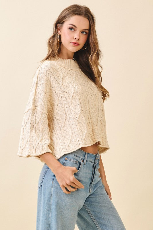Chunky Ribbed Mock Neck Crop Cable Knit Sweater-Cream