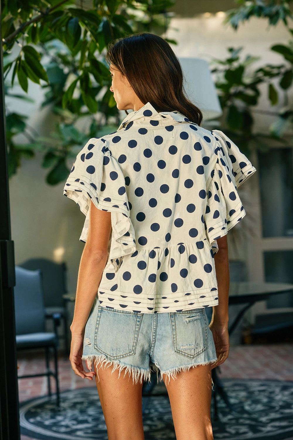 Ruffle Sleeves Pintuck Detail Polka Dot Print Top-Navy