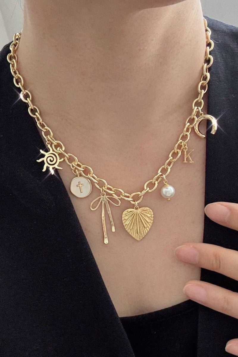 Sun Bow Pearl Cross Disc U Charm Necklace-Gold