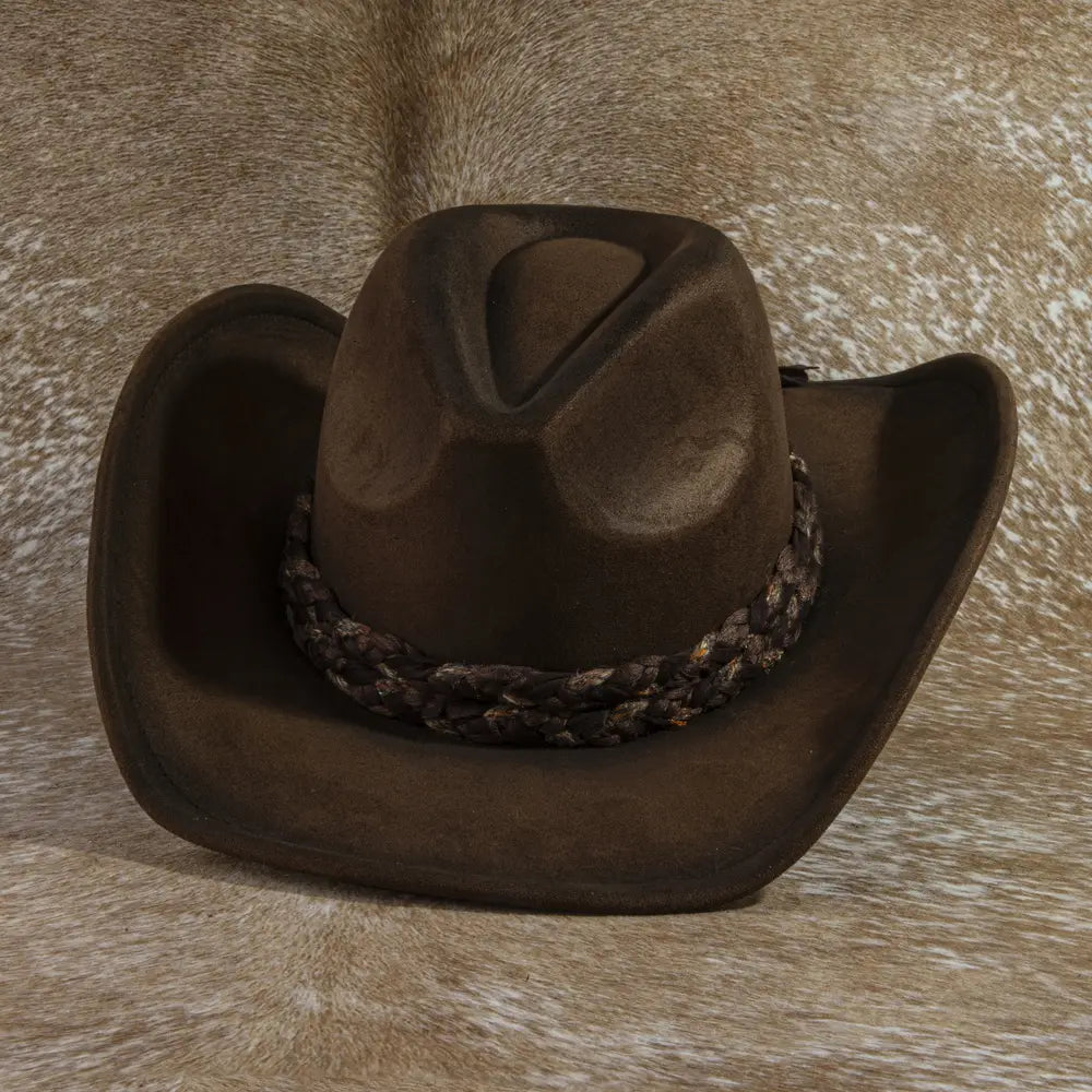 Braided Band Suede Cowboy Hat-Dk Brown