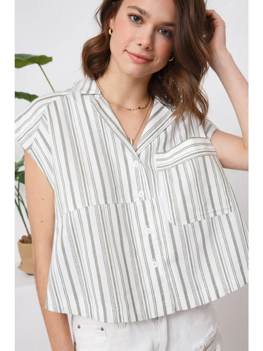 Cotton Yarn Dyed Stripe Front Button Up Shirt-OLive