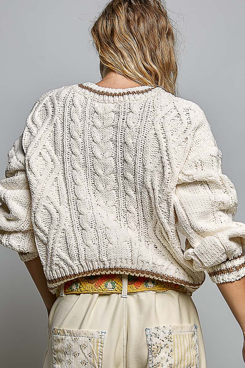 Cable Knit Crewneck Contrast Trim Sweater Top-Cream