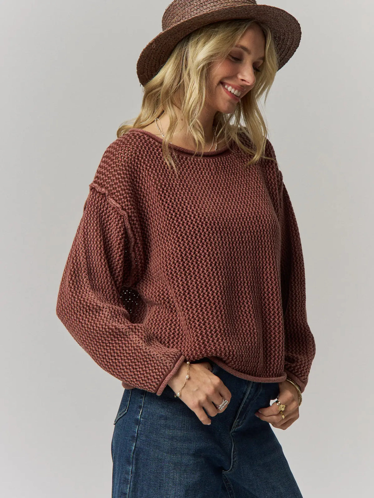 Rolled Hem Textured Knit Sweater Top-Brick