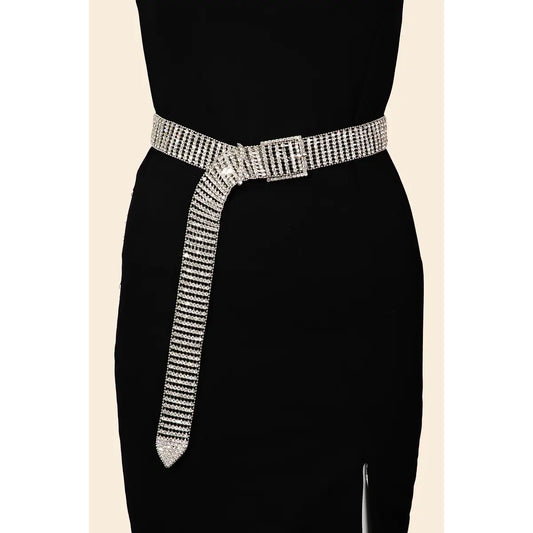Square Buckle Rhinestone Chain Belt-Silver