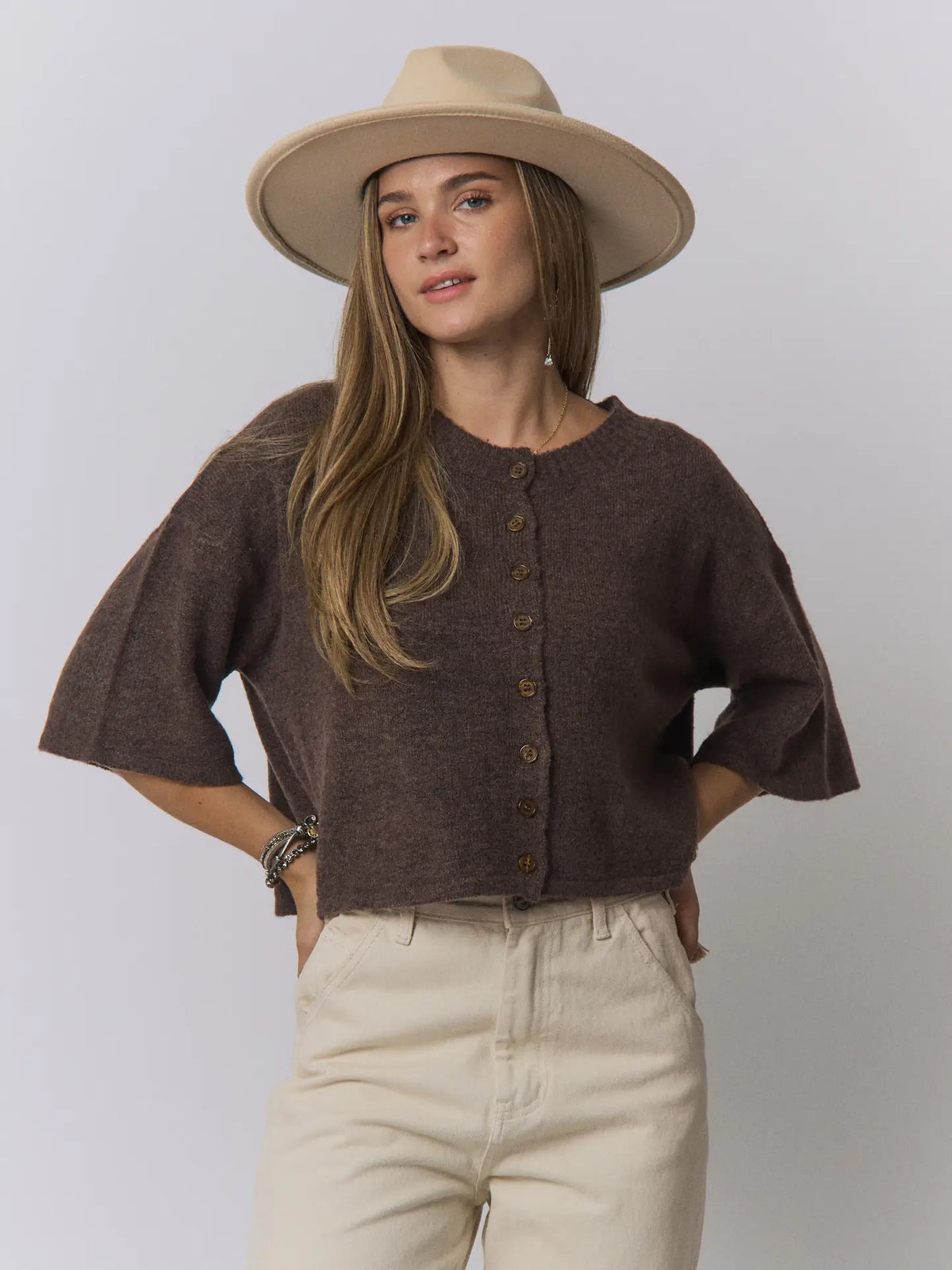 Boxy 3/4 Sleeve Button Front Sweater Top -BROWN